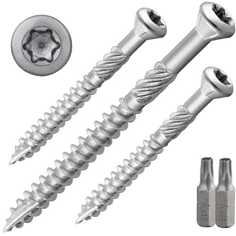 Terrassenschraube mit Zierkopf und TX-Antrieb | gehärteter Edelstahl C1 | inkl. 1 x S2-Bit | Schaftfräser + Cutspitze | unterkopfverstärkt mit Fräsrippen | mit ETA-Zulassung | 5 x 60 mm, 200 Stück