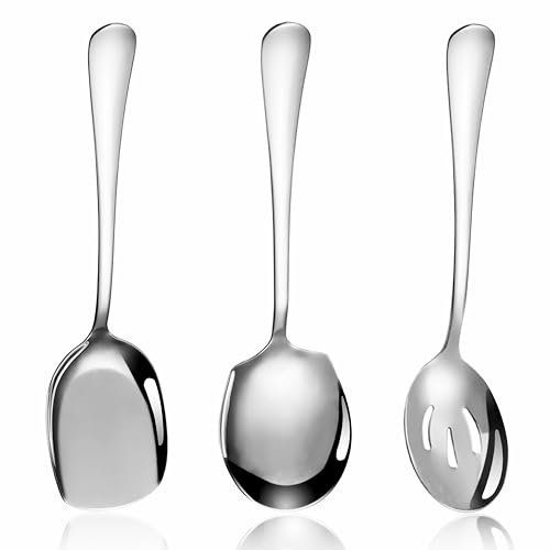 3pcs Servierlöffel Groß, Metall Edelstahl Vorlegelöffel Löffel Set, langer Griff Buffet Servierbesteck mit Schaufel, rund geformt, Spiegel Polish Vorlegebesteck Werkzeug für Bankett, 22cm/8.7in