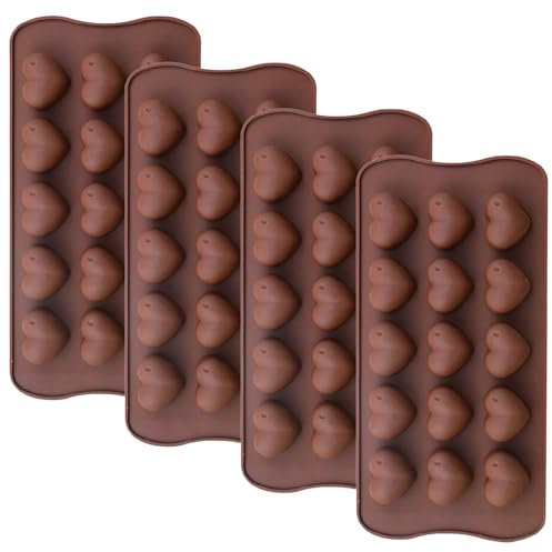Herzform Silikon Schokoladenform, 4 Stück Pralinenform mit 15 Mulden, Süßigkeitenformen für Backen, DIY Wachs-Schmelzformen für Backzubehör, Antihaft Pralinenform Silikon (Braun)