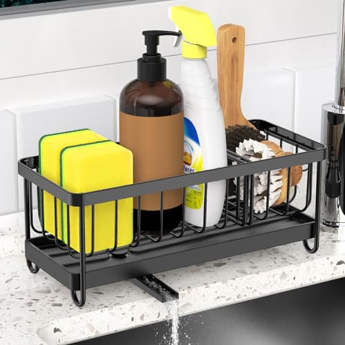 Embrojoy Spülbecken Organizer Küchenspüle Spülbecken Caddy Organizer Edelstahl Schwammhalter mit Herausnehmbarer Auffangschale und Trennelement (Schwarz)