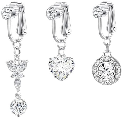 3 Stück Fake Bauchnabelpiercing für Damen, Bauchnabelpiercing Chirurgenstahl, Fake Bauchnabel Piercing Zirkon Herz, mit Geschenk Box