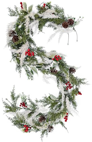 2 guirnaldas artificiales de Navidad de 5.9 pies, enredaderas de invierno de imitación colgantes, bayas rojas, hojas de acebo con conos de pino, aguja de pino, hiedra, ratán, Navidad, vacaciones, Año