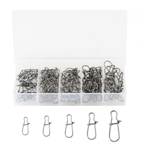 Dokeno Agrafhe Duo-Lock de Pêche, 100 Pièces Argent Emerillon Peche Connecteurs de Pêche Snaps Pêche avec Boîte pour Accessoires de Pêche (5 Tailles)