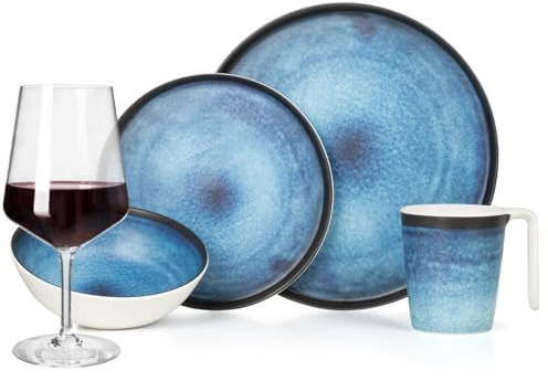 Juego de vajilla de melamina para camping, 4 personas Deep Ocean + 4 copas de vino tinto Milano, copas de vino rojo, vajilla de pícnic, barbacoa