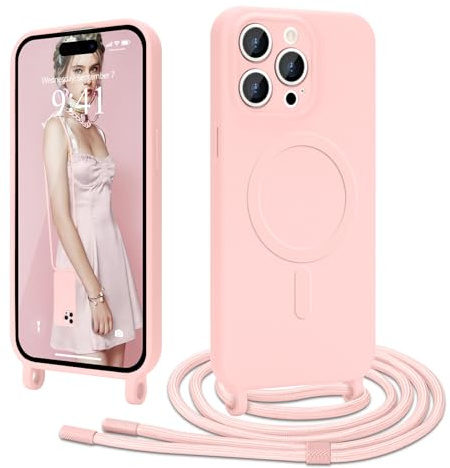 Ethanger Magnetica Cover con Cordino per iPhone 15 Pro Max Custodia con Tracolla [Compatibile con Magsafe] Collana in Silicone Liquido Custodia Protettiva Cover per iPhone 15 Pro Max Rosa