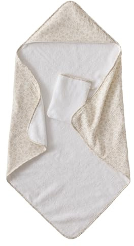 VERTBAUDET Set mit Kapuzenbadetuch + Waschlappen, Beige, bedruckt, 100 x 100 cm