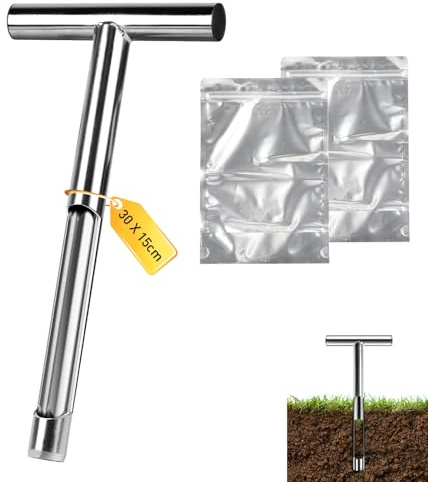 SUPAWAY Sonda per terreno 30 cm in acciaio inox 2.5 mm - Prelievo a T con 2 sacchetti riutilizzabili per giardino, fattoria, prato