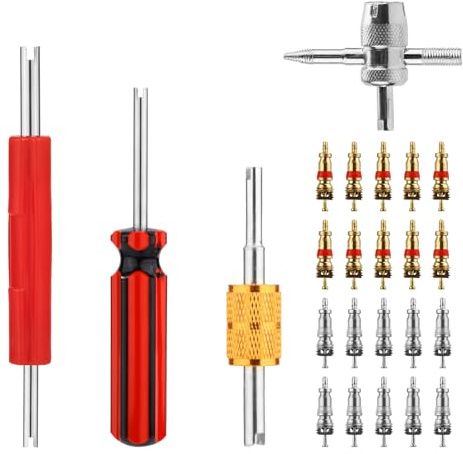 Gosknor Juego Herramientas Válvulas Neumáticos, 4uds Herramientas Llave Núcleo Válvula y 10uds Núcleos Válvula Cobre y 10uds Núcleos Válvula Niquelados Cobre Todas Válvulas Estándar Automóviles
