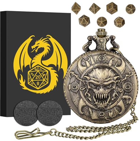 Set di Dadi Mini DND con Steampunk Warlock Cranio Custodia per Orologio da Tasca, 7 pezzi in Metallo Poliedrico Set di Dadi D&D, Regali di D&D con Scatola Regalo, Accessori per Giochi di Ruolo, Bronzo