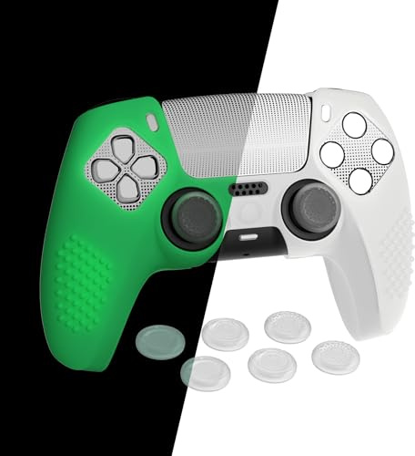 PlayVital Silikonhülle für PS5 Controller, rutschfeste Schutzhülle Case | Skin-Zubehör, mit 6 Joystick-Kappen & 2 Aufkleber, ladestationskompatibel, 3D Noppen Edition, Grün Leuchtet in Dunkel