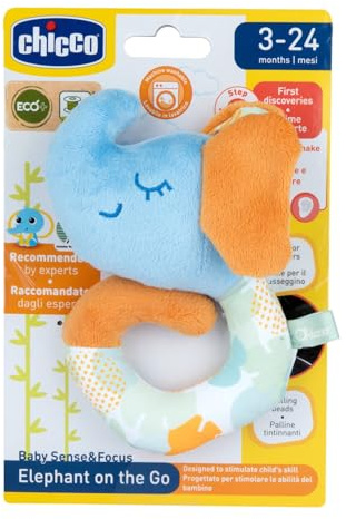 Chicco Peluche Elefante con Sonajero, en Suave Tejido Reciclado, con sonajero Interior, fácil de agarrar, Accesorio para Cochecito o Silla de Coche, fácil de Colocar, 3-24 Meses