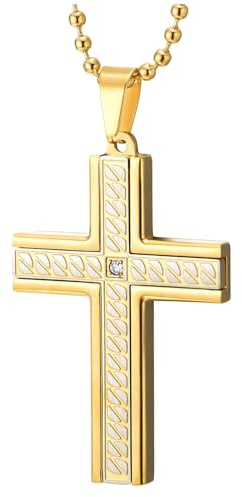 COOLSTEELANDBEYOND Herren Gold Kreuz Anhänger Halskette, Geätzt Detailarbeit und Zirkonia, Edelstahl, Religiös Schmuck für Alltäglich
