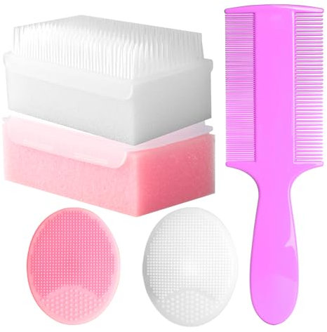Cradle Cap Brush for Babies, Set of 5 Baby Bath Essentials with Bath Sponge Silicone Scrubber Long Handle Comb for Newborns Toddlers Boys Girls (Pink)