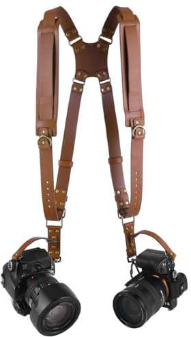 AZURAOKEY Camera Harness for 2 Cameras – Dual Shoulder Leather Camera Strap – Adjustable Double Camera Harness, Universal Camera Shoulder Strap for Photographers