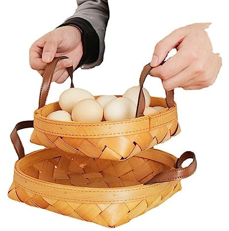 ABNNHK Picknickkörbe, rund, Holzspankorb, Stoffkorb für Obst und Eier, Picknickkorb, Aufbewahrungskorb für den Haushalt (natürlich)