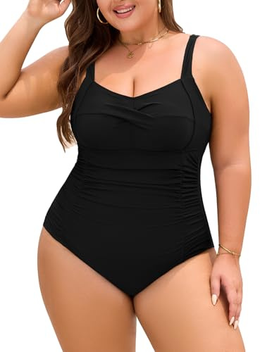 Nadeer Bañador Mujer Talla Grande Reductores Traje de Baño de Una Pieza Push Up Sexy Cuello en V Swimwear Swimsuit para Natacion Playa L-4XL(Negro,XXL)