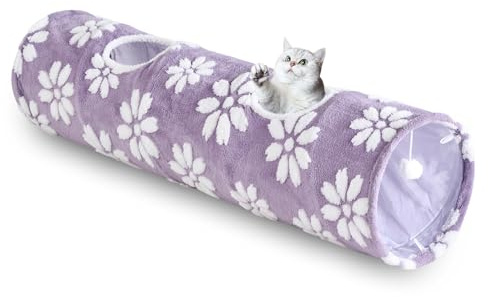 Yaning Straight Cat Tunnel for Indoor Cats 47x12, Cute Cat Toys Collapsible Tunnel Tube with Balls for Puppy Kitten Rabbit, Purple Flower