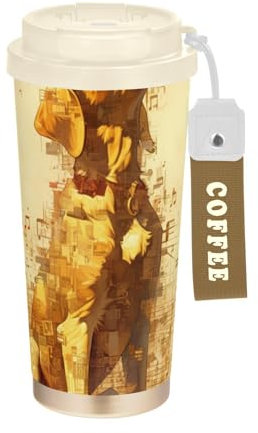 Digital Art Golden Retriever Dog White Sheet Music Score Gold - Vasos de café decorativos para mujeres con tapa para llevar, tazas para café, taza de café de acero inoxidable para derrames calientes y