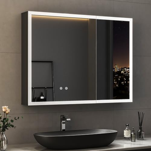 Boromal LED Spiegelschrank Bad mit Beleuchtung Schwarz Badezimmer Spiegelschrank mit Beleuchtung Metall Badezimmerschrank mit Dimmbar, Beschlagfrei, Stecker und Glasablage (80x60x13,5cm)