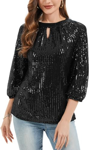 Kyzoeyou Maglia da donna con paillette, top glitterato, maniche a 3/4, girocollo, camicetta per il tempo libero, tunica, feste, festival, B-nero, XXL