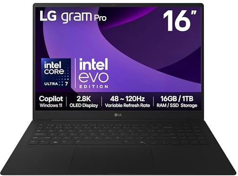 LG Gram Pro 16Z90TP-K.AA78A1 laptop Intel Core Ultra 7 225H Computer portatile 40,6 cm [16] WQXGA+ 16 GB LPDDR5x-SDRAM 1 TB SSD Wi-Fi 7 [802.11be] Windows 11 Home Inglese UK Nero (LG gram Pro 16 INCH