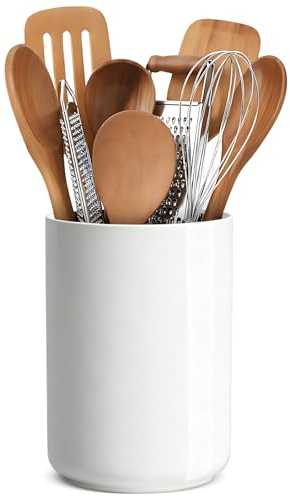 Ptrin Utensil Holder, H16xD12cm Ceramic Kitchen Utensils Holder,Large Cooking Utensil Pots for Kitchen Counter, Morden Utensil Organizer,(Pure White)