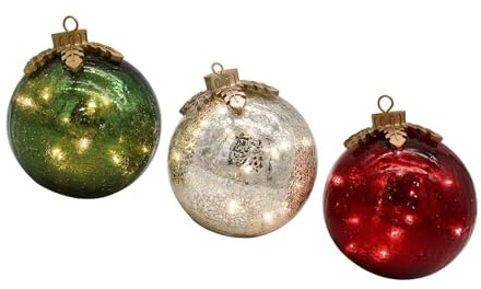 Whltzf Pack of 3 Battery Operated Glass Christmas Ornament with Warm White LED Lights for Fireplaces Tabletop Displays No Outlet Christmas Decors