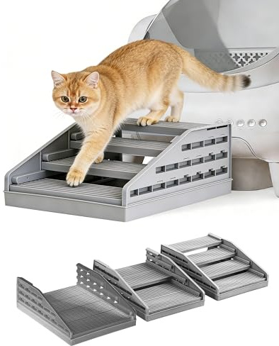 L&W BROS. Litter Box Ramp, Adjustable Cat Ramp for Litter Box, Fits Automatic & High-Sided Litter Boxes, Non-Slip Cat Steps with Litter Trapper, Ideal for Small & Senior Cats