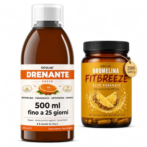 GG4Lab Kit Drenante Liquido 500 ml + Bromelina 60 Capsule | Drenante liquido 500 ml gusto arancia, 7 estratti vegetali, Bromelina 2500 GDU/g, 60 capsule, Made in Italy GMP