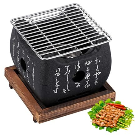 Griglia da tavolo in ceramica giapponese, for barbecue portatile con piastra di base in legno, stufa a griglia retrò rettangolare for campeggio, picnic,patio all'aperto(15x15x10cm)