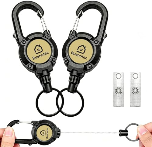 Buenotec Schlüsselanhänger Ausziehbar mit Sperrfunktion, 2er-Pack | 60cm Stahlkordel, Tragfähigkeit bis zu 16oz, Taktischer ID-Ausweishalter, Schlüsselband Ausziehbar für Ausweis und Schlüssel