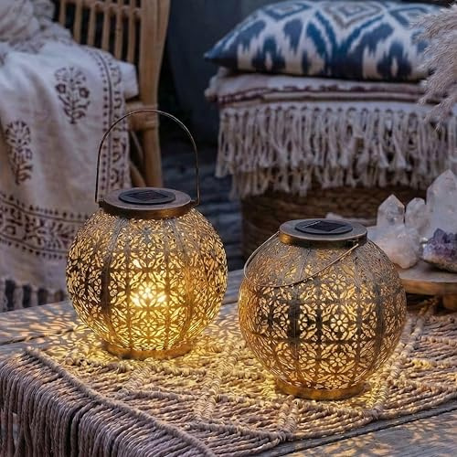 Northpoint LED Solar Laterne Marrakesh 2er-Set Gartenleuchte Metall warmweiß RGB Solarleuchte Außen Boho Deko mit Schattenwurf IP44 Balkon Terrasse Garten Beleuchtung (Messing-Finish)
