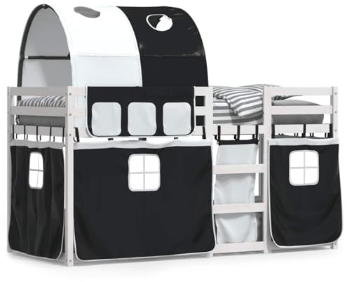 HETFTJN Etagenbett Kiefernholz Weiß Schwarz 90x200 cm mit Vorhängen Spielbett Rausfallschutz Matratzenrahmen für Kinderzimmer & Gästezimmer
