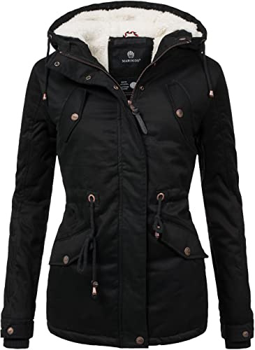 MARIKOO Damen mittellange Winterjacke Manolya mit verstellbarer Kapuze | Länge: po-bedeckend | Wärmegrad 3 von 3 – warm gefüttert | verstellbare, fleecegefütterte Kapuze