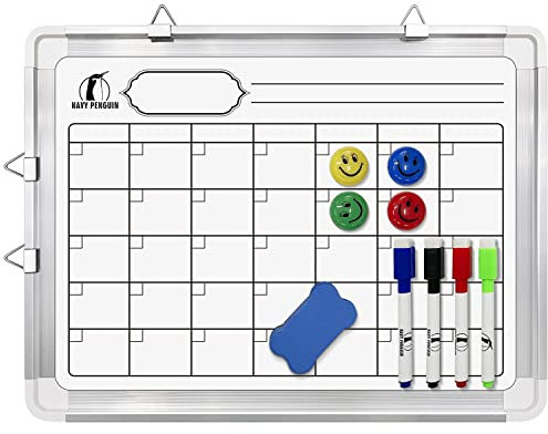 Doppelseitiger Whiteboard Kalender & unbedruckte Magnettafel – Monatskalender 38x30 cm mit 1 magnetischem Radierer, 4 Stiften und 4 Magneten – abwischbarer Monatsplaner für Büro und Küche