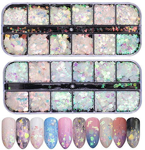 EBANKU 2 Boxen 24 Farben Holographische Nagel Pailletten, Bunte Flocken Nail Art Glitter Sequins DIY Abziehbilder Dekoration für Gesicht Körper Augen für Party Halloween Weihnachten