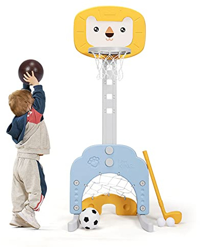AKUSTIK 3 in 1 Toddlers Basketball Hoop Stand, Adjustable Height Sports Center with Basketball Soccer Golf Game Set, Portable Indoor Outdoor Activity Playset Gift for Kids 1-3 (Yellow)