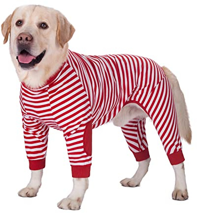 Große Hundekleidung, Hunde-Schlafanzug, Overall, flexibel, atmungsaktiv, Reißverschluss, weiche Baumwolle, gestreift, Hundebekleidung für mittelgroße Hunde, große Hunde (8 Rückenlänge, 60 cm, Rot)