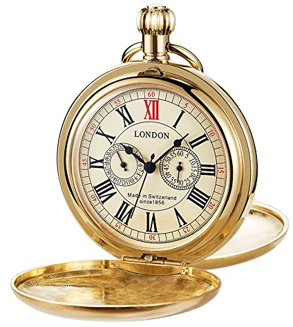Whodoit Smooth Double Open Cover Mechanical Pocket Watch, Unisex, Roman Dial, Stainless Steel, Chain, Box