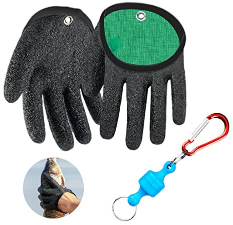LIMEOW 1 Paar 19 * 12cm Angelhandschuhe Raubfisch Stichfeste Bissfest Wasserdicht Angelhandschuh mit 1 Stück Magnetverschluss Anti-Schnitt Rutschfesten Handschuh für Den Sicheren Umgang Hecht Wels