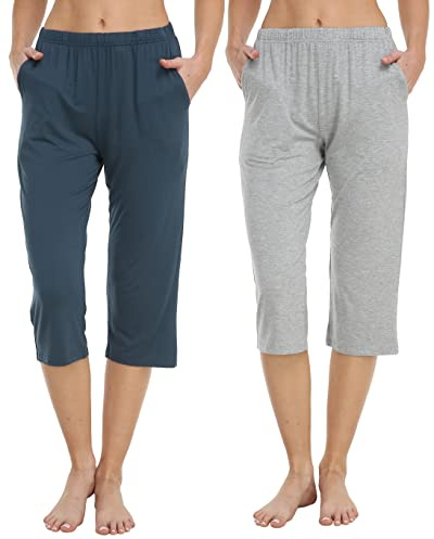 JINSHI Pantaloni 3/4 Pigiama Donna Morbide Modal Pigiama Shorts Donna Pantaloni Corti Abbigliamento da Notte Casa con Tasche (Blu lago, Grigio) Taglia 2XL