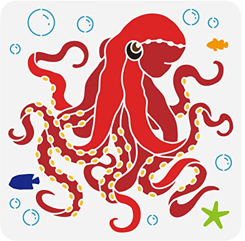 FINGERINSPIRE Oktopus Musterschablone 30x30cm Wiederverwendbare Meerestiere Bastelschablone Aushöhlen Ozean Seestern Seefisch Blasen Schablone Für Die Wand, Schränke, Fenster, Segeltuch
