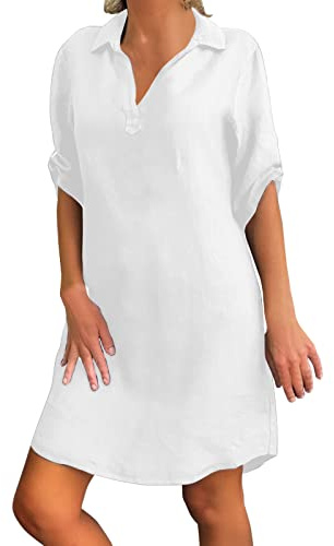Leinenkleid Damen 3/4 Arm Sommer Knopfleiste Sommerkleid Damen mit Taschen Leinenkleider Baumwolle Leinen Blusenkleid Freizeitkleid Strandkleider Boho Kleid A-Linie Kleid Hemdblusenkleid
