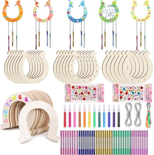Nuyoah Hufeisen Kindergeburtstag Set 104Stk Hufeisen Holz Windspiel Bastelset Kinder für Basteln Auf Kindergeburtstagen Oder Kinderfeste (A)