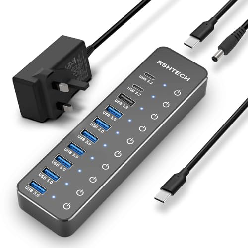 RSHTECH 10-Port Powered USB C Hub, Aluminum 10Gbps USBC 3.2 Hub (RSH-ST10C) | with 3x 10Gbps USB 3.2 Data Ports (2C+1A), 7x 5Gbps USB-A 3.0 and 12V/5A (60W) Power Adapter