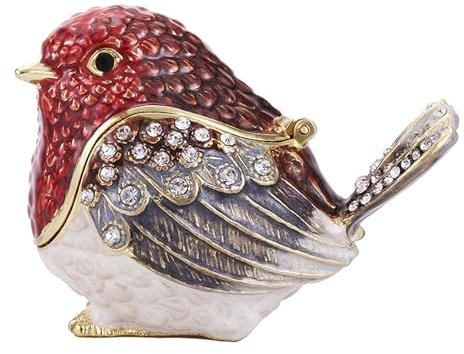 Vie jeune Hand Painted Enamel Hinged Trinket Box, Unique Mini Ring Necklace Jewelry Organizer, Classical Antique Bejeweled Storage, Figurine Collectible Keepsake Home Decor (Robin Bird-Red)