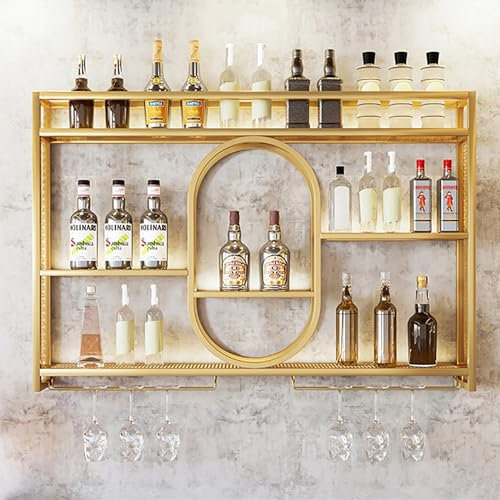 TELCIM Metall Weinregal Zur Wandmontage Mit Glashalter Und LED-Beleuchtung,Weinregal Für Die Bar,Küchenregal Hängend,Weinregal Wand Flaschenhalter,Flaschenregal(Gold,140 * 15 * 80cm)