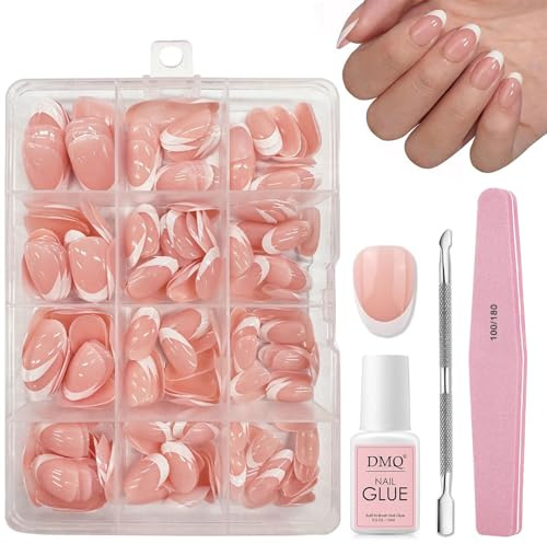 DMQ French Press On Nails Almond, 240Pcs French Tip False Nails Short, Nude Color Stick on Nails with Glue, Full Cover Glue on Nail Tips for Women Girls Nail Art Decorations