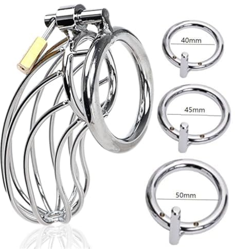 Moinha Male Cock Cage Chastity Device with 3 Cock Rings Premium Metal Silver Locked Cage Adult Sex Toy for Men | Key and Lock Included