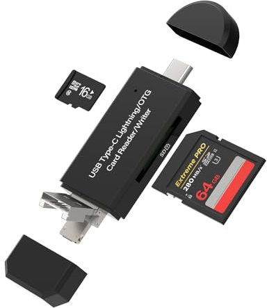 SD-Kartenleser (4-in-1), USB C Lightning USB-A Micro USB Adapter kompatibel für iPhone 16 15 14 Kamera TF Speicherkarten kompakt für Apple Typ C PC kompatibel mit Samsung Adapter